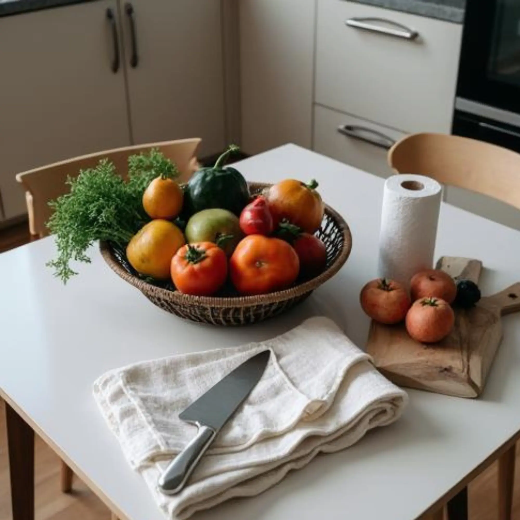 Damp cloth and paper towel next to fresh fruits and vegetables