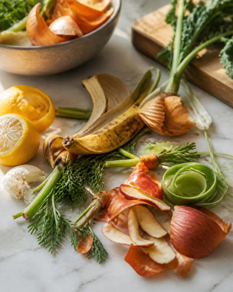 Gemüse- und Früchteschalen bereit zum Kochen