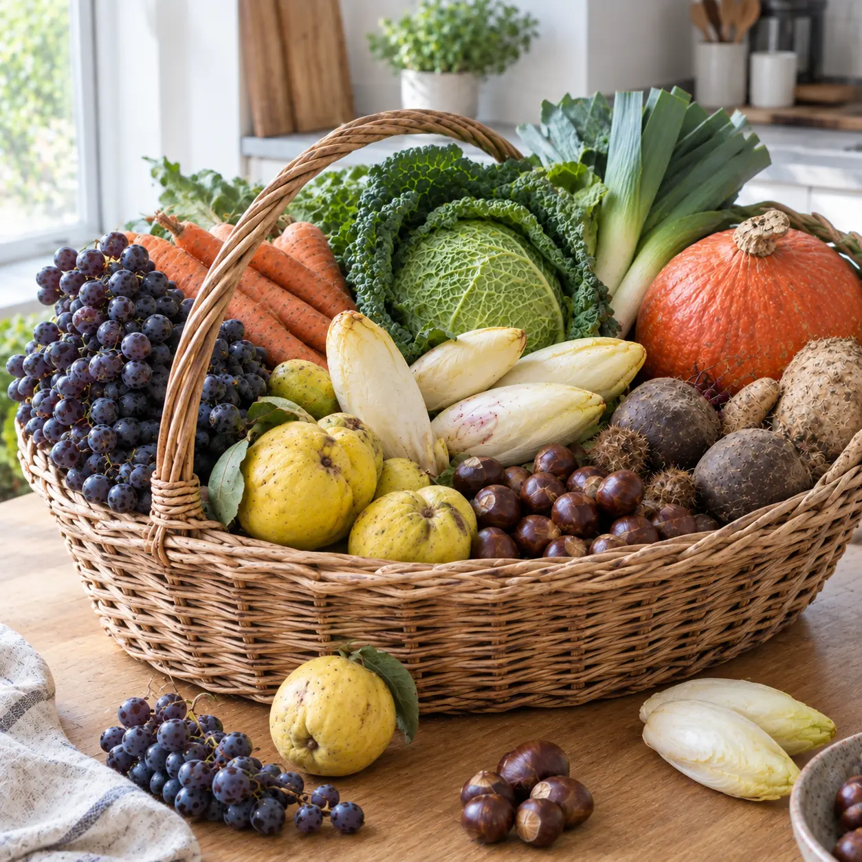 Herbstliche Früchte und Gemüse: Pilze, Chicorée, Kastanien, Quitten und Trauben